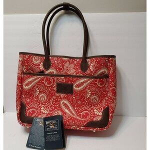 American Living Mackenzie Luggage Tote Bag Red Paisley Print Canvas Faux Leather